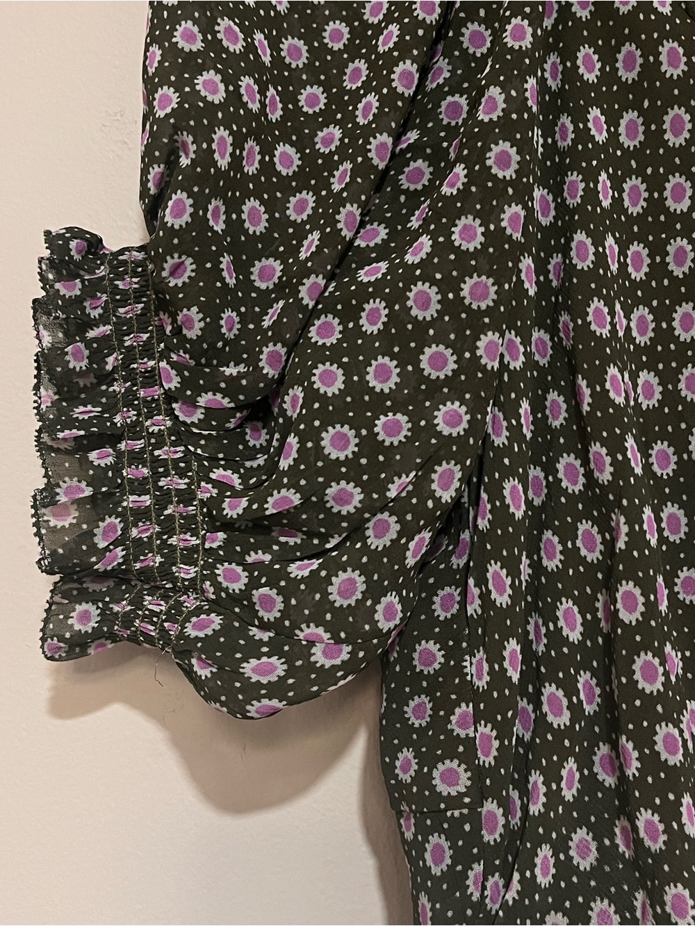 Anthropologie Puff-Sleeve Ruched Mesh Midi Shirt Dress Women Sz 10 Floral office - Picture 4 of 13